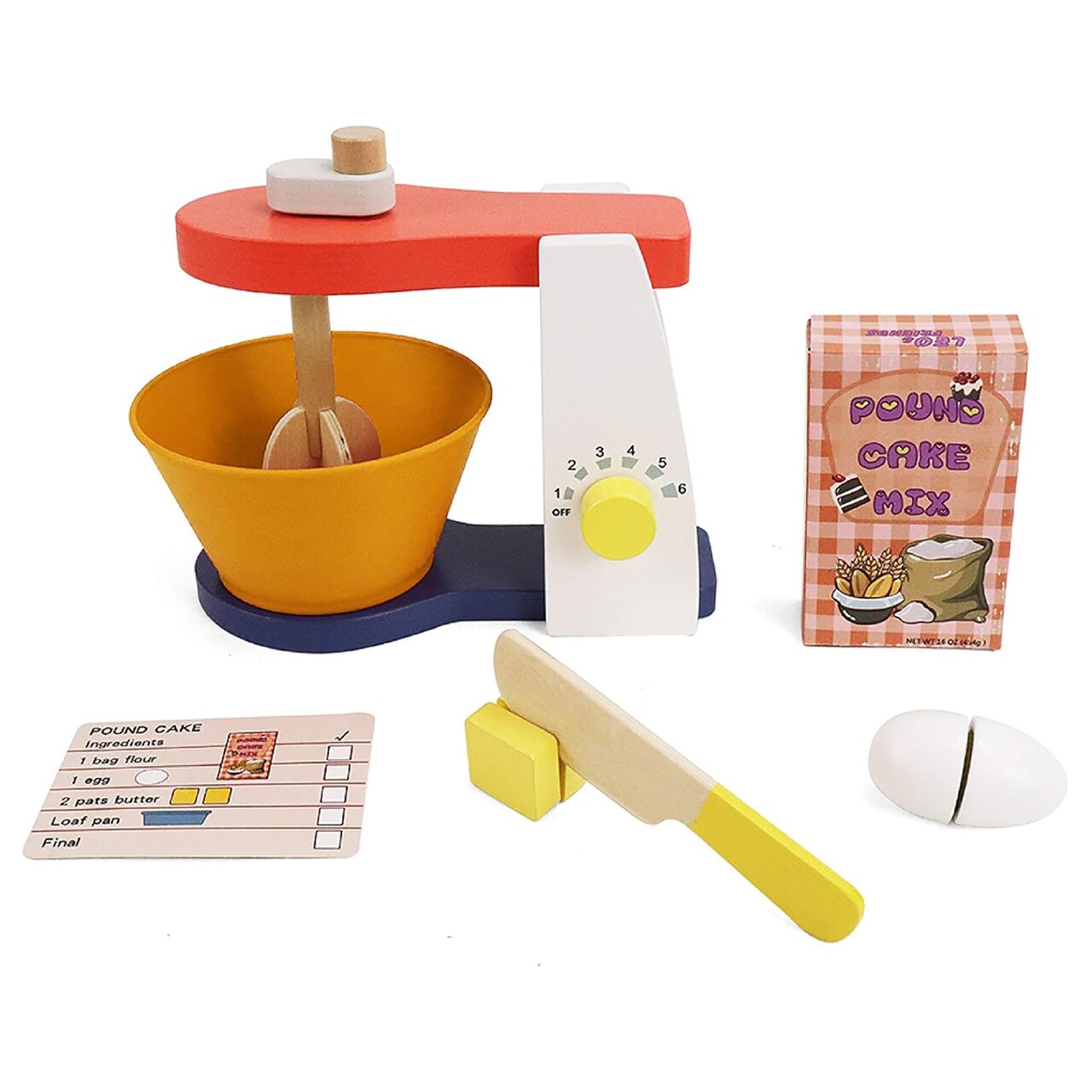 LEO & FRIENDS: Wooden Mixer Set - 9pc Make-A-Cake Set, Realistic Spinning Kitchen Appliance Toy & Accessories, Food & Baking Pretend Play, Kids Age 3+